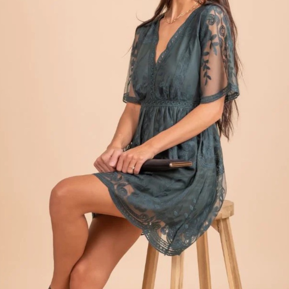 Light My Fire Dark Teal Lace Mini Dress